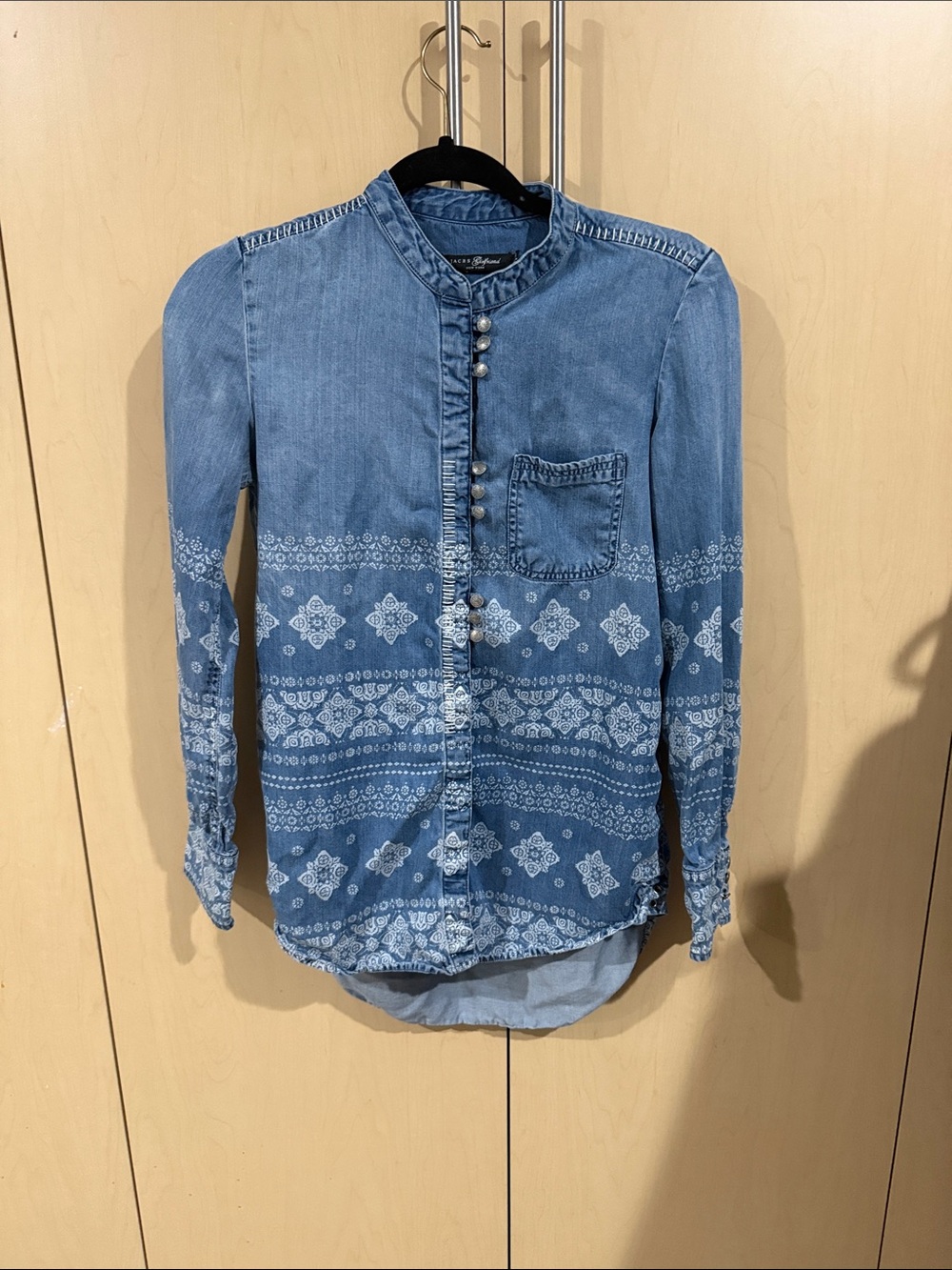 Vintage Bandana-Print Denim Button-Down Shirt - Blue